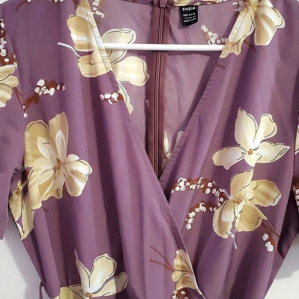 SHEIN Vcay Purple Floral Surplice Top Belted Wide Leg Jumpsuit L - Picture 5 of 16